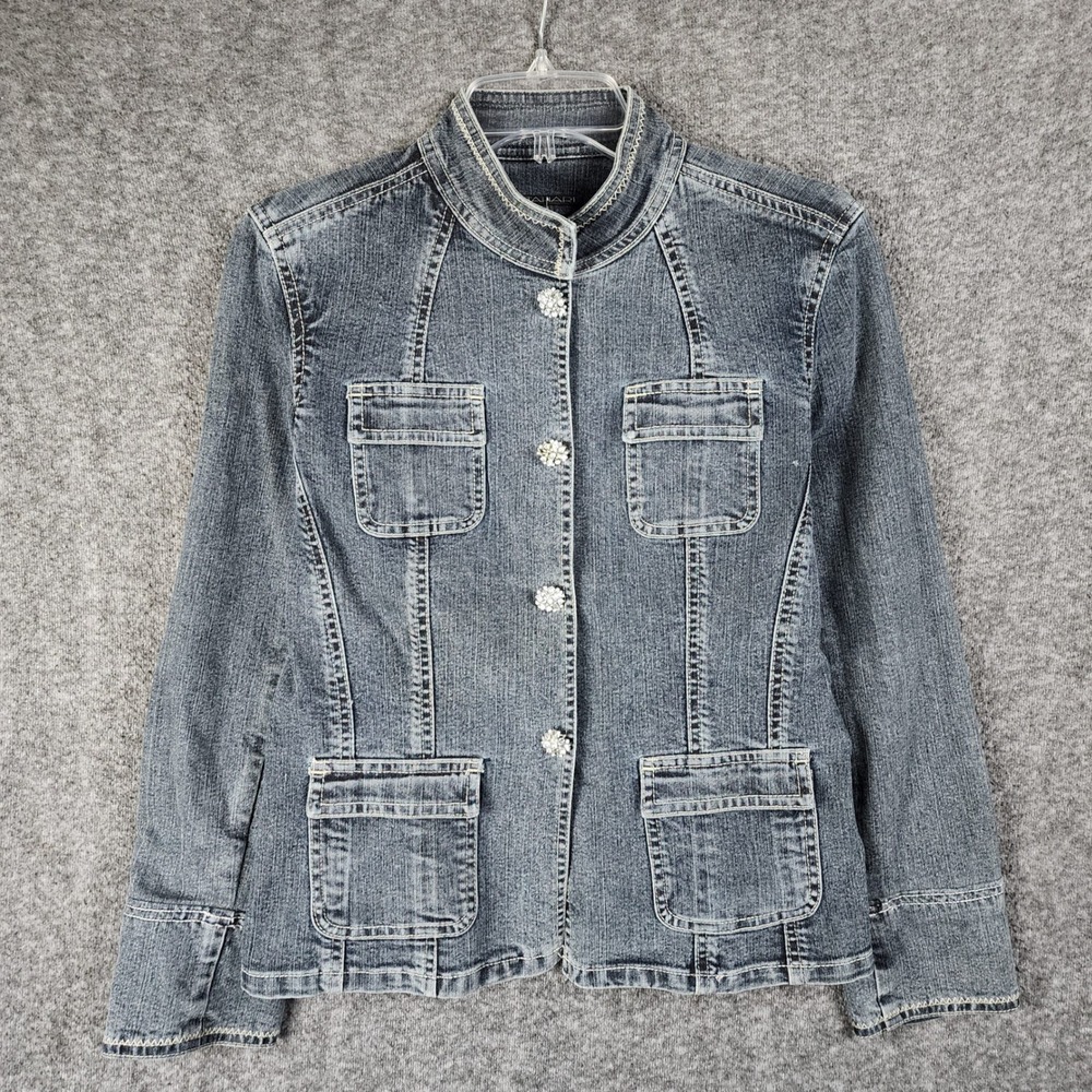 Tahari Jacket Womens S Blue Denim Rhinestone Button Stand Collar EUC